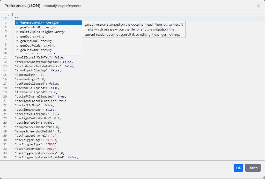 The JSON configuration editor open on the preferences document, with the completion list showing